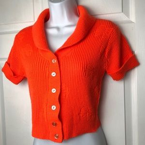 Bright Orange Cropped Cardigan Sweater with Flower Appliqué